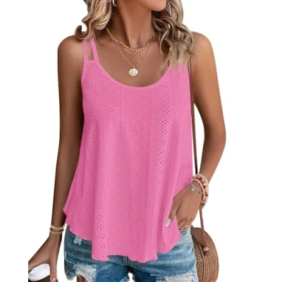Imagen de WNEEDU Camiseta sin mangas para mujer, de verano, espagueti, mangas, cuello redondo, blusas, rosa y rojo, S