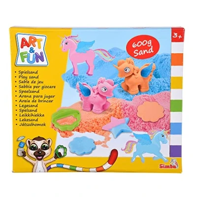 Imagen de Simba 106344622 Art and Fun Juego de arena juego, 3 x 200 g arena, plataforma, forma unicornio, 3D, alas, 4 ojo, 1 pegatina, scooter, 2 moldes para galletas, a partir años
