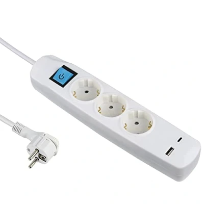 Imagen de Electraline 62162 Regleta Base Multiple 3 Tomas Schuko + 2 USB 3.4A 17W (1 Tipo A 1 C), Interruptor ON/OFF, Clavija Extra Plana Schuko, Cable 1.5M
