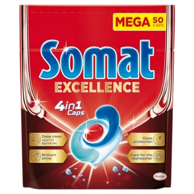 Imagen de Somat Excellence 4 en 1 Caps, 50 Unidades, Detergente Lavavajillas de Disolución Rápida, Pastillas del Lavavajillas, Limpieza y Brillo Radiantes