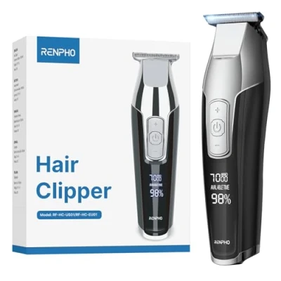 Imagen de RENPHO Cortapelos Profesional con Cuchilla T, Cortadoras de Pelo sin Cables Kit Cortador Recargable para Barba Pantalla LED Hombres y Niños Forro
