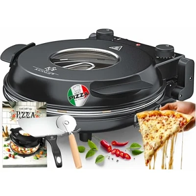 Imagen de KESSER® Horno eléctrico para pizza hasta 400 grados, 1200 W, con placa de piedra ignífuga y temporizador 32 cm diámetro, 5 niveles calor ventana.
