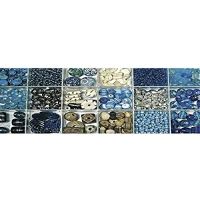 Imagen de Rayher HOBBY 14115392 Surtido de cuentas cristal, caja 240 g, mezcla colores y tamaños, diferentes formas en tonos turquesa, azul, beige plateado, perlas para enhebrar