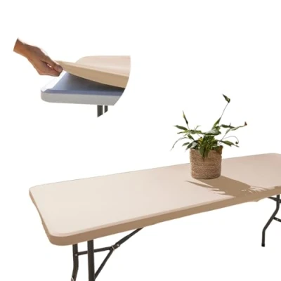 Imagen de Glop Mantel Mesa Rectangular 182x76, Tela Beige Elástico, Ajustable, Repelente al Agua, Antiarrugas, Ideal para Exterior, Jardín, Camping y Ajuste Elastico Funda Plegable, Resistente