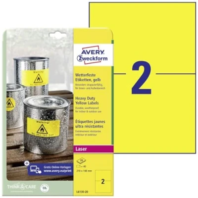 Imagen de Avery Zweckform Etikett Velas (210 x 148 mm, A4 LC, resistentes a la intemperie, 20 unidades), color amarillo