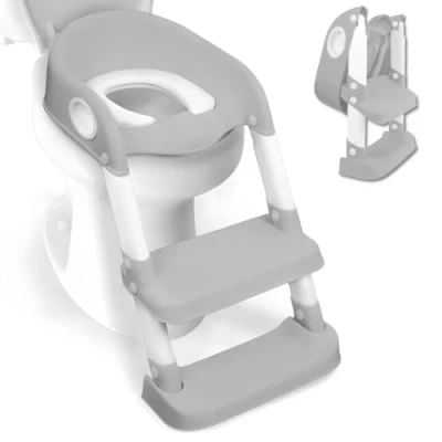 Imagen de Mobiclinic®, Asiento de inodoro infantil, modelo Lala, Adaptador WC para niños con escalera, Marca española, Antideslizante, Regulable, Plegable, niños/as entre 1 8 años, Gris y Blanco