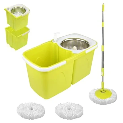 Imagen de ARSUK Juego de manijas para fregona con 2 cabezales microfibra súper absorbentes 360 sistema recorte automático barra telescópica acero inoxidable (Limón Cubo y Fregona)