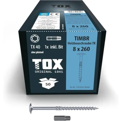 Imagen de TOX Tornillos para construcción de madera TIMBR TK 8,0 x 260 mm, galvanizados en azul con cabeza disco, TX40, 50 unidades por caja, incl. 1x broca, 1120804180260