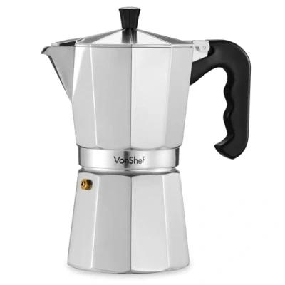 Imagen de VonShef Cafetera Italiana de 9 Tazas Moka Aluminio 450 ml Tradicional para Cocinas Gas y Eléctricas Incluye Filtro Junta Repuesto