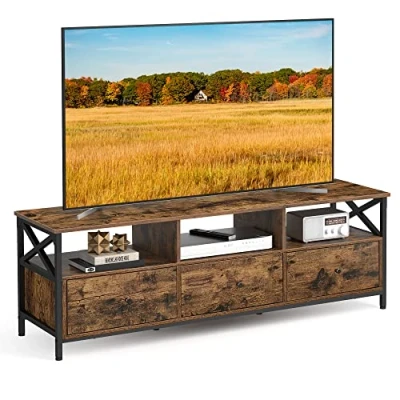 Imagen de VASAGLE Mueble de TV hasta 65 Pulgadas, con 3 cajones, 40 x 147 50 cm, Estilo Industrial, Marco Acero, marrón rústico y Negro, LTV301B01