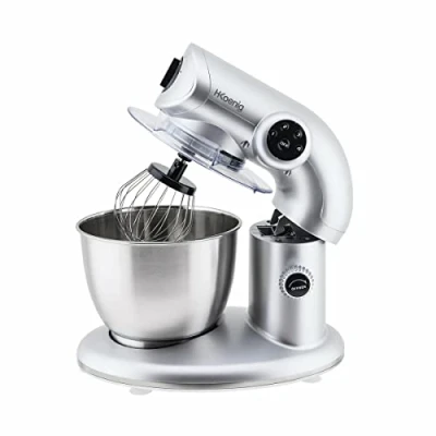 Imagen de H.Koenig KM80 Batidora Amasadora Profesional, Potencia 1000 W, Capacidad 5.5 L, 4 Velocidades, hasta 2 Kg de Masa, Brazo con Cabeza Reclinable y Móvil, Acero Inoxidable, 80 dB, Color Gris