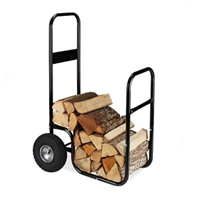 Imagen de Relaxdays Carro Leña con Ruedas, Carrito Leñero, Portaleños Acero, hasta 60kg, para Transportar y Almacenar Leños, Negro, 107 x 53 69 cm