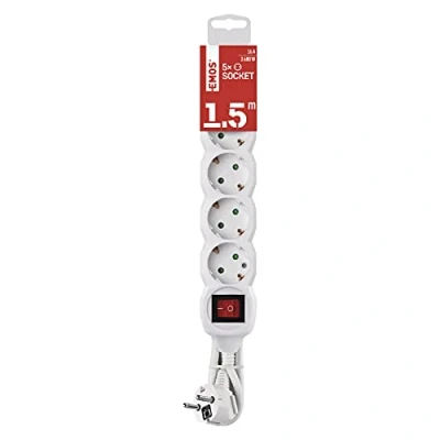 Imagen de EMOS Regleta de 5 enchufes 1,5 m con Interruptor Tomas Schuko girado 45 250 V, 16 A, 3680 W Aislamiento PVC H05VV F3G mm2 Mayor protección táctil IP20 para Interiores Blanco