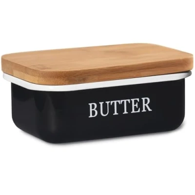 Imagen de Theo&amp;Cleo Mantequera con tapa de madera, campana mantequilla para 250 g, plato multifunción, elegante y sostenible bambú (negro)