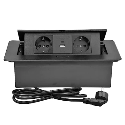 Imagen de CHENGPI Regletas de Enchufes,Enchufe Retractible para Escritorio con 2 Enchufes EU,Regletas Puertos USB+Type C(PD18W Encimera,Cocina,Taller,Cable 1,8m