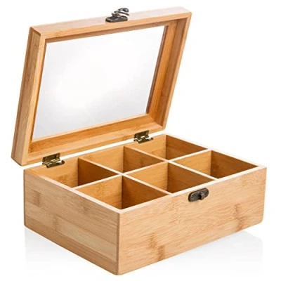 Imagen de wenco Caja de té premium con 6 compartimentos, 21,7 x 16 9 cm, bambú, color marrón claro
