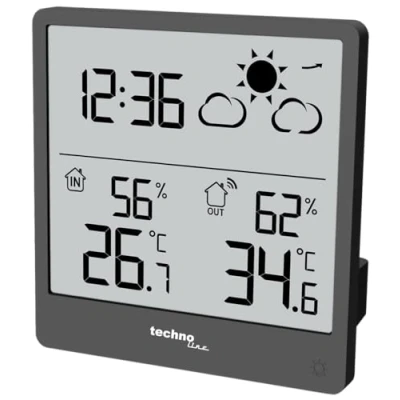 Imagen de WS9138 Estación meteorológica pequeña moderna con pronóstico del tiempo y tendencia meteorológica, temperatura interior exterior, iluminación interior, pantalla LCD transparente sin borrosa de la