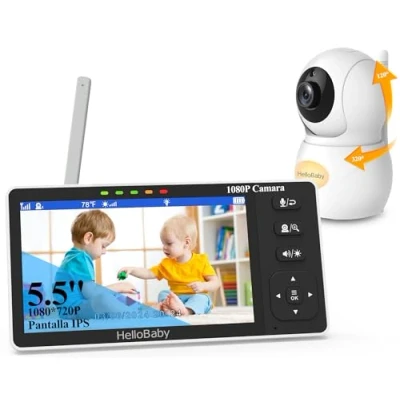 Imagen de HelloBaby Monitor de bebé, Camara Vigilancia Bebe con Pantalla Dividida 5.5‘’,con 1 Cámara 1080P Full HD y Audio, Visión Nocturna, Llamada Bidireccional, Temperatura Ambiente, Sin WiFi, Ecológico