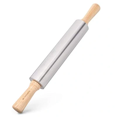Imagen de Navaris Rodillo de cocina para amasar Accesorio amasador acero inoxidable antiadherente con 2x mango madera Masa galletas pizza fondant