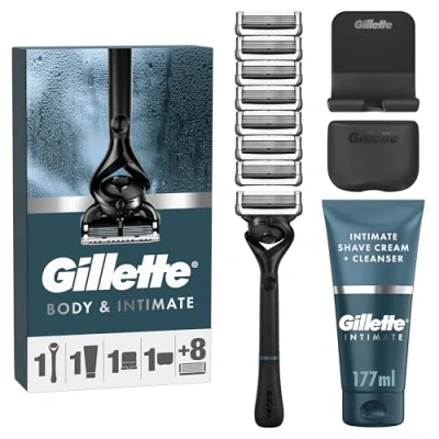 Imagen de Gillette íntima para hombre, mango de afeitar, 8 recargas, crema afeitar+limpiador 2 en 1