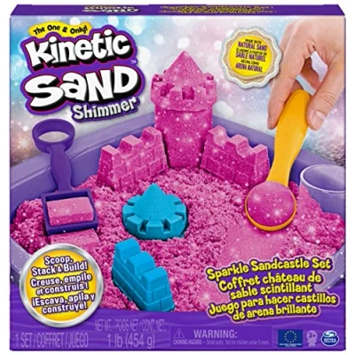 Imagen de Kinetic Sand Castillo de Arena Shimmer cinética 454 gr mágica Colorida con Purpurina Rosa 3 Accesorios y Bandeja incluidos Juguetes para niños niñas años