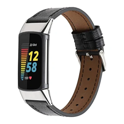 Imagen de INF Correa de Piel 18 mm Ancho Compatible con Fitbit Charge5 para Mujeres y Hombres, Color Negro