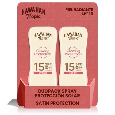 Imagen de Hawaiian Tropic Satin Protection Ultra Radiance Duopack Loción Solar de Protección Media SPF 15 Protege y Suaviza la Piel, Fragancia Frutas Tropicales 180 ml 2 unidades