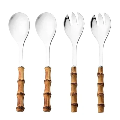 Imagen de juego de 4 cucharas y tenedores ensalada, cuchara servir mango largo, tenedor, madera bambú, vajilla cocina acero inoxidable para mezclar frutas, pasta,