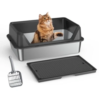 Imagen de Gerbala Caja de Arena para Gatos Acero Inoxidable, Grande con Tapa Pequeños y Grandes, Filtro Doble Pedal Metal Alta Cara Alfombrillas (B)
