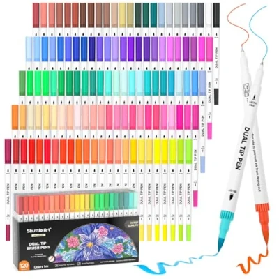 Imagen de Shuttle Art Rotuladores Lettering, 120 Doble Punta, Punta Pincel con 1 Libro para Colorear, Acuarelables Perfecto Adultos, Niños Caligrafía