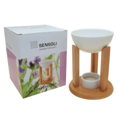 Imagen de Quemador de Aceite Sensoli 3 pilares Madera Maciza con Recipiente Grande Cerámica, para Difundir Aceites Esenciales y Cera Fundida