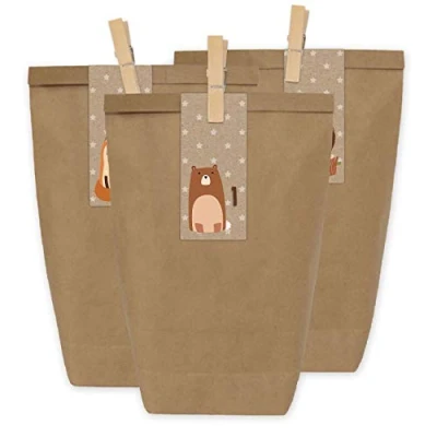 Imagen de Calendario de Adviento para rellenar 2021 24 bolsas regalo y pegatinas números clips motivo animales del bosque marrón juguetear Navidad Mini Set nº 34