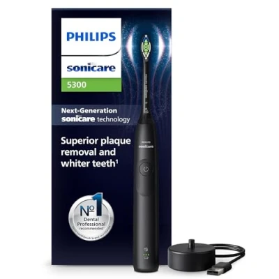 Imagen de Philips Sonicare 5300 cepillo dental eléctrico, sónico con 2 niveles de intensidad, alerta presión, EasyStart, SmarTimer y BrushPacer, negro, modelo HX7101/01