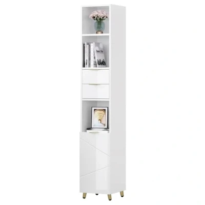 Imagen de EUGAD Armario Baño Alto, Columna con 2 Cajones y Puerta, Mueble Estrecho para Almacenamiento Estante Ajustable, 30x28,5x160 cm, Blanco