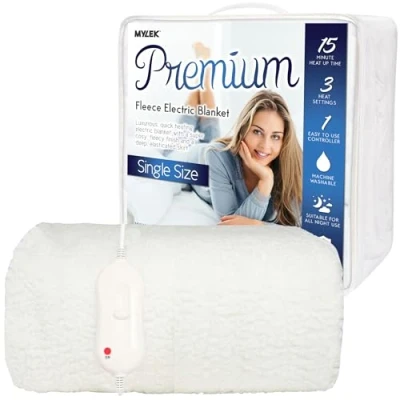 Imagen de MYLEK Manta eléctrica para Cama Individual, Forro Polar, con calefacción, Falda elástica, tamaño 200 x 107 40 cm, protección contra sobrecalentamiento, Tiempo de Calentamiento rápido, Lavable a