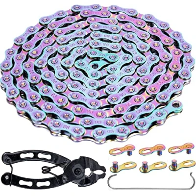 Imagen de YBEKI Cadena de bicicleta 9 velocidades, color 1/2 x 11/128 lnch 116 eslabones con 2 pares candado