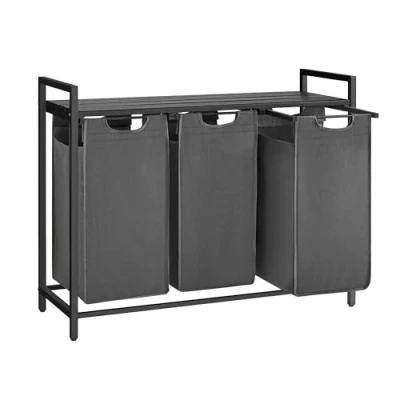 Imagen de VASAGLE Cesto para Ropa Sucia, Cesta Colada, 3 Bolsas Colada de Tela Oxford Extraíble y Desmontable, Estante, Marco Metálico, x 38 L, 92,5 33 72 cm, Negro Gris BLH301G01