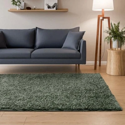 Imagen de Interiyou Sofia Alfombra de pelo largo, 80 x 150 cm, color verde claro, mullida y monocolor, lavable antideslizante, largo suave