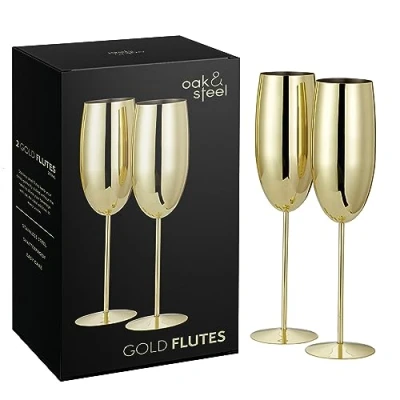 Imagen de Oak &amp; Steel 2 Copas de Champán Doradas, 280 ml Vasos Prosecco Acero Inoxidable Dorado con Caja Regalo