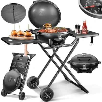 Imagen de KESSER® Barbacoa eléctrica 2 en 1 Parrilla de pie con tapa y soporte, máx. 2400 W, plegable, termómetro, revestimiento antiadherente, ruedas, color negro
