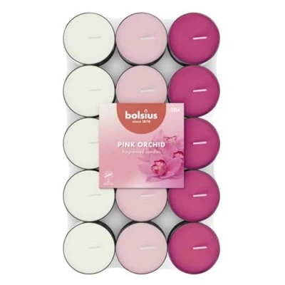 Imagen de Bolsius 30 velas de té perfumadas Orquídea rosa Duración combustión 3,5 horas Diámetro 38 mm Extractos naturales Contiene cera vegana Sin aceite palma