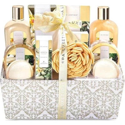 Imagen de SPA LUXETIQUE regalo para novia Juego de 12 piezas con aroma a vainilla sales baño, bombas gel ducha, crema manos, turbante botón, set Navidad, Día