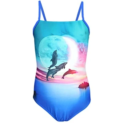 Imagen de Aquarti Bañador Niña Natación con Tirantes Ajustables, Resistente al Cloro, Delfines Luna Rosa/Azul, 146