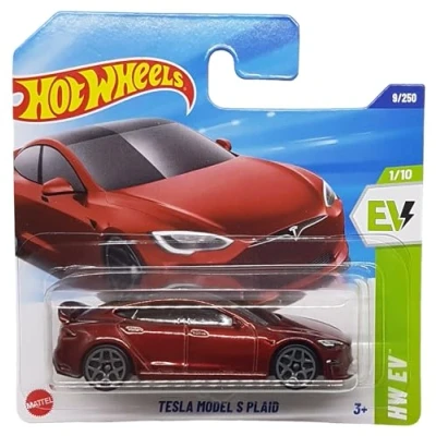 Imagen de Hot Wheels Tesla Model S Plaid HW EV 1/10 (9/250) HYW86 Rojo 2025 + Protector Short Card Frikimonkey