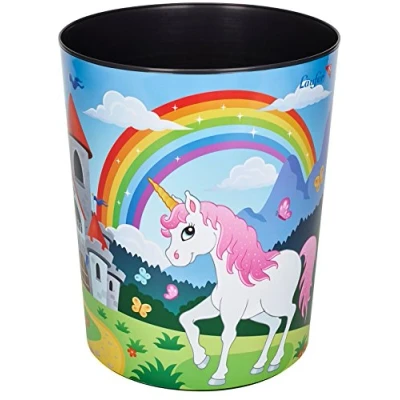 Imagen de Papelera estampada, 13 litros, cubo de basura, perfecta para el dormitorio infantil, redonda, plástico resistente, color unicornio