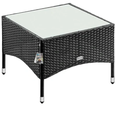 Imagen de CASARIA® Mesita de Centro Poliratán 58x58x42cm Carga hasta 80Kg Mesa Auxiliar Jardín Ajustable en Altura Tablero Vidrio Resistente Intemperie Negro