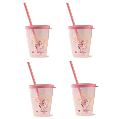 Imagen de Snips, Vasos Plástico 4 pcs, Reutilizables 385 ml, con Pajita y Tapa, Decoración de Unicornio, 0% BPA libre ftalatos