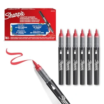 Imagen de SHARPIE Rotuladores acrílicos creativos al agua con punta de pincel Tinta sin borrones Escribe en la mayoría superficies Material escolar Rojo 6 Piezas