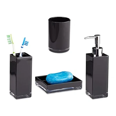 Imagen de Relaxdays Juego de Accesorios Baño Moderno, Plástico, Negro, 4 Piezas, 9 x 12 19.5 cm