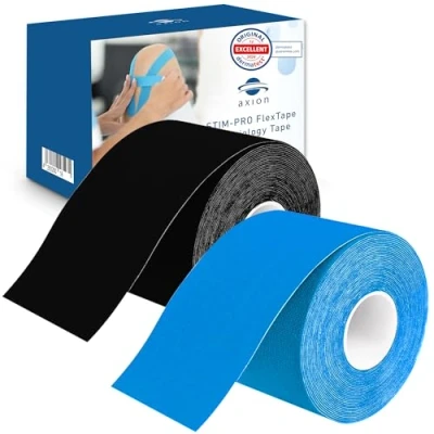 Imagen de axion® kinesiology tape vendaje repelente al agua, agradable a la piel, elástico y autoadhesivo cinta fisioterapéutica ideal para el deporte vida cotidiana (Azul negro)